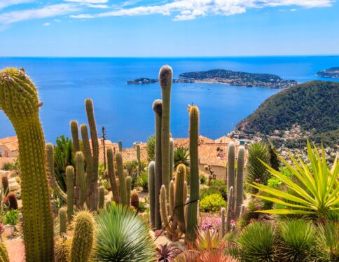 Vue panoramique sur le littoral méditerranéen, maisons médiévales et jardin exotique depuis le sommet du village médiéval d'Eze sur la Côte d'Azur