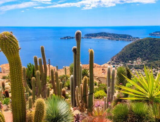 Vue panoramique sur le littoral méditerranéen, maisons médiévales et jardin exotique depuis le sommet du village médiéval d'Eze sur la Côte d'Azur